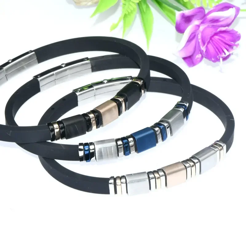 Fashion Men's Black Rubber Bracelets 6mm Wide Adjustable Bangles Stainless Steel Zircon CZ Setting Business Gift Jewelry