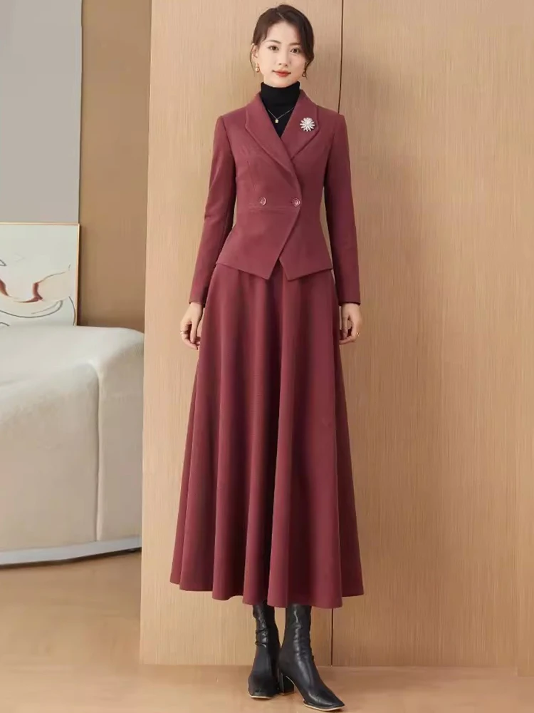 New Women Autumn Winter Long Skirt Woolen Set Vintage Elegant Wool Blended Slim Short Blazer and Fashion Skirt Two Pieces Set