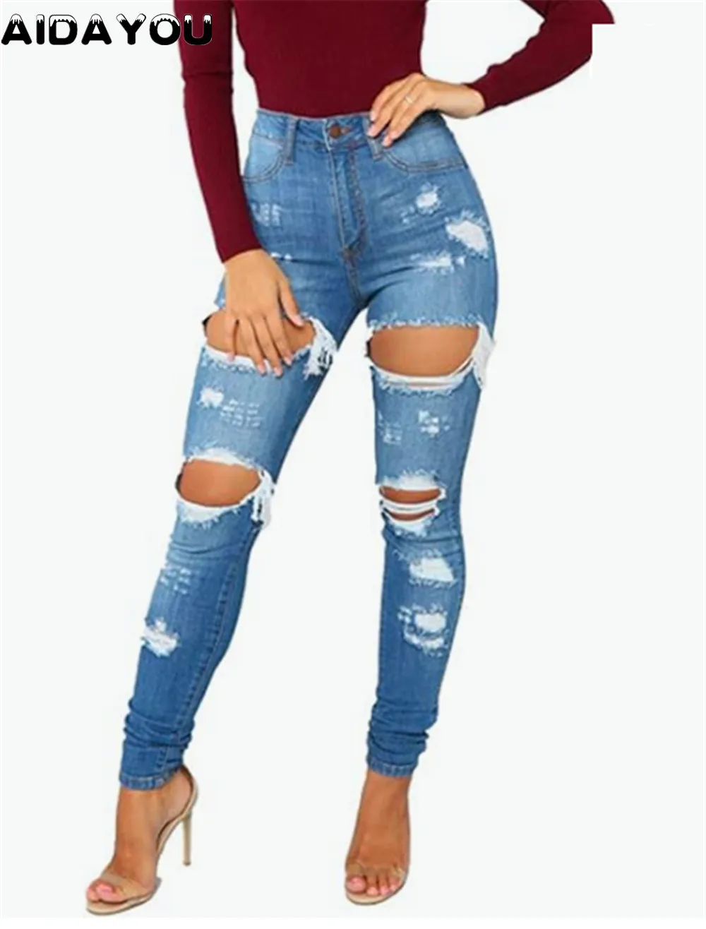 

Women's Ripped Jeans Distressed Slim Fit Distressed Denim Pants Comfy Stretch Skinny Boyfriend Jeans Long Tall 31"