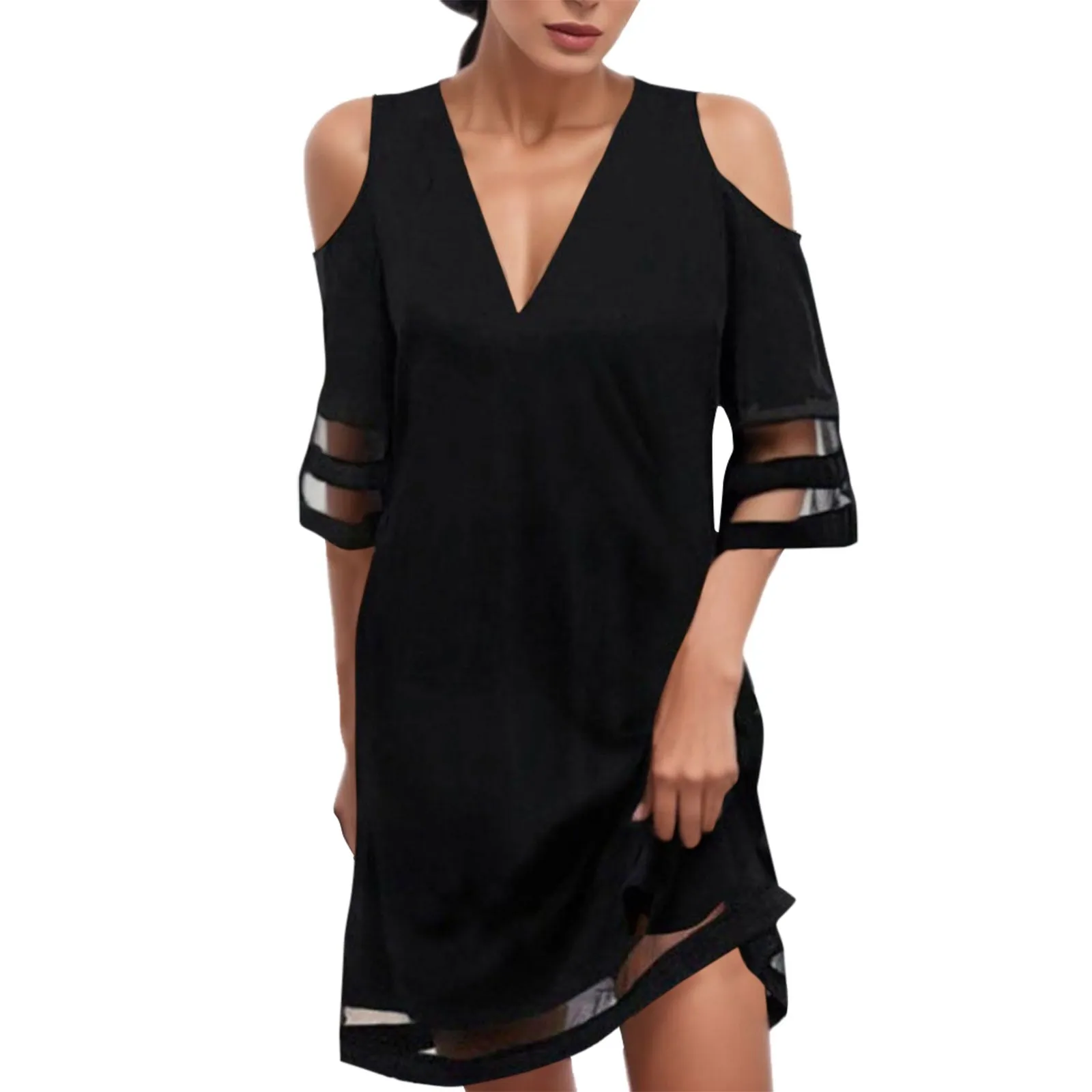 

2023 Women Loose Dress V Neck Hollow Out Mesh Solid Color Casual Mini Dress Women Lace Design Beach Party Dresses For Women