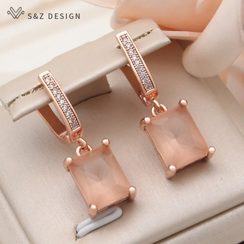 S&Z DESIGN New Fashion Cubic Zirconia Rectangle Dangle Earrings For Women Elegant 585 Rose Gold Color Jewelry Daily Accessories