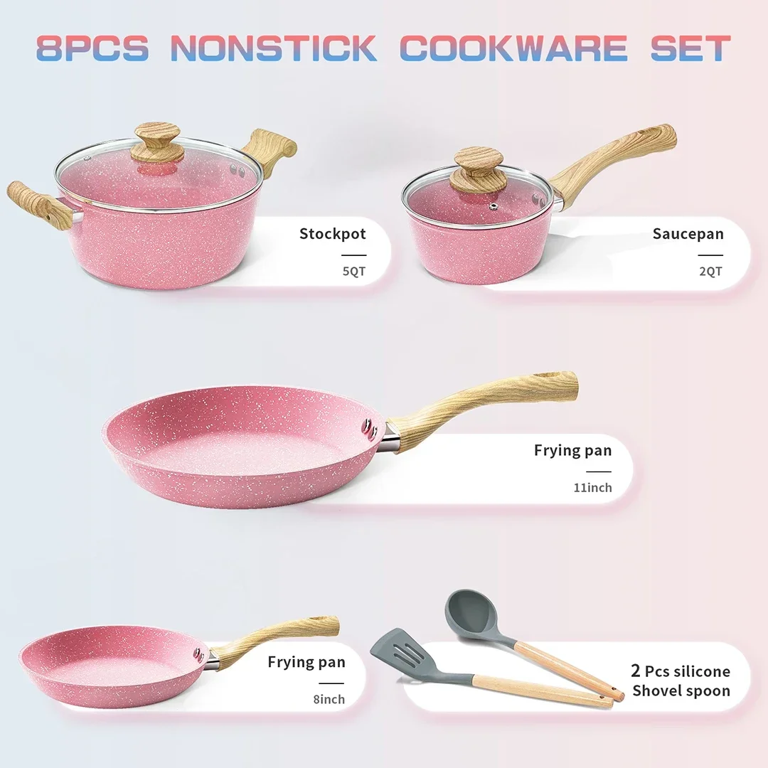 Pink Pots And Pans Set Nonstick Induction Kitchen Cookware Set Cooking Sets  6 Pcs With Frying Pan Granite Stone Bakelite Wood - Cookware Sets -  AliExpress