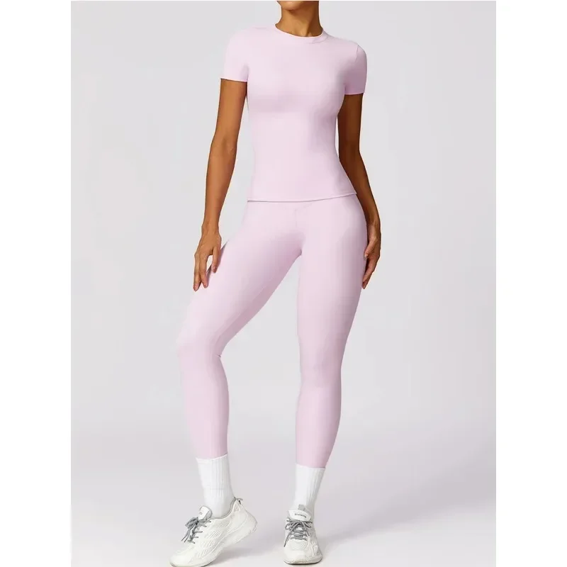 Yoga Set Seamless Yoga Set Women Pink Short Sleeve Top with High Waist Leggings Two Piece Workout Clothes Sports Fitness Gym Sets sports set gym workout set sportswear set fitness set sports bra set yoga pants set