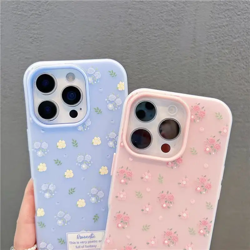 Luxury Pink Blue Floral Shockproof Matte Phone Case