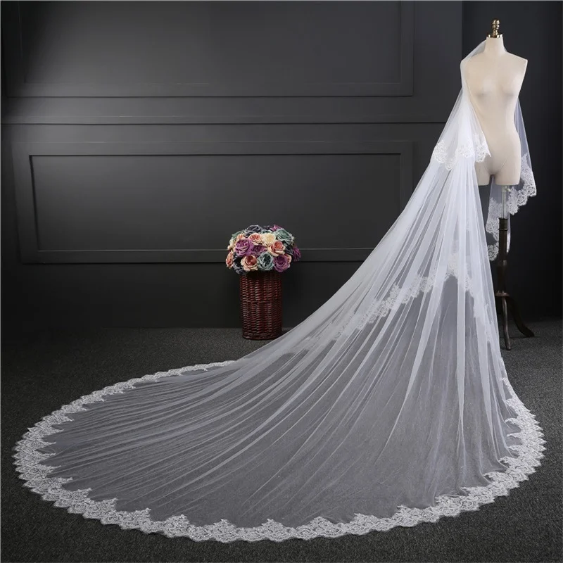

Newest Cathedral Bridal Veils with Cover Face Elegant Appliques Wedding Accessories Real Luxury 2 Layers Wedding Veil With Comb