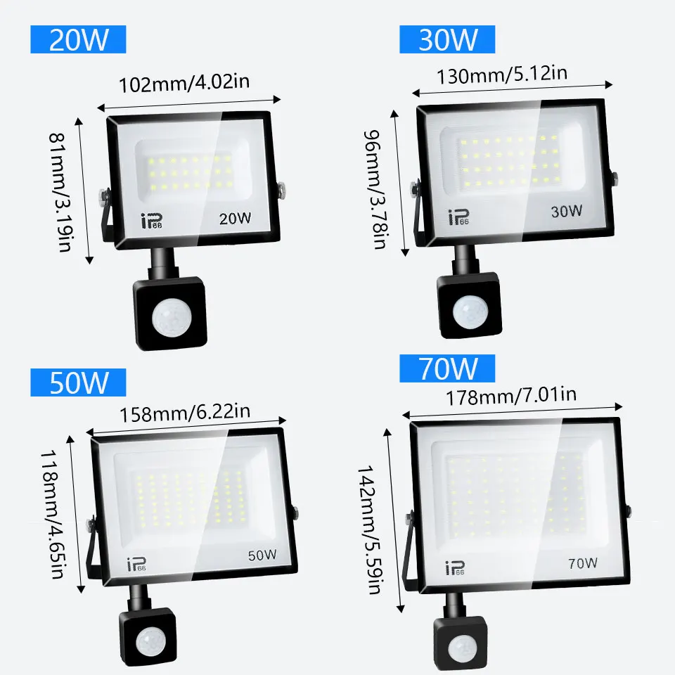 LED Flood Light AC175-265V IP66 PIR Motion Sensor 20W 30W 50W 70W 100W 150W 200W300W Waterproof For Garden Street Garage Lighting
