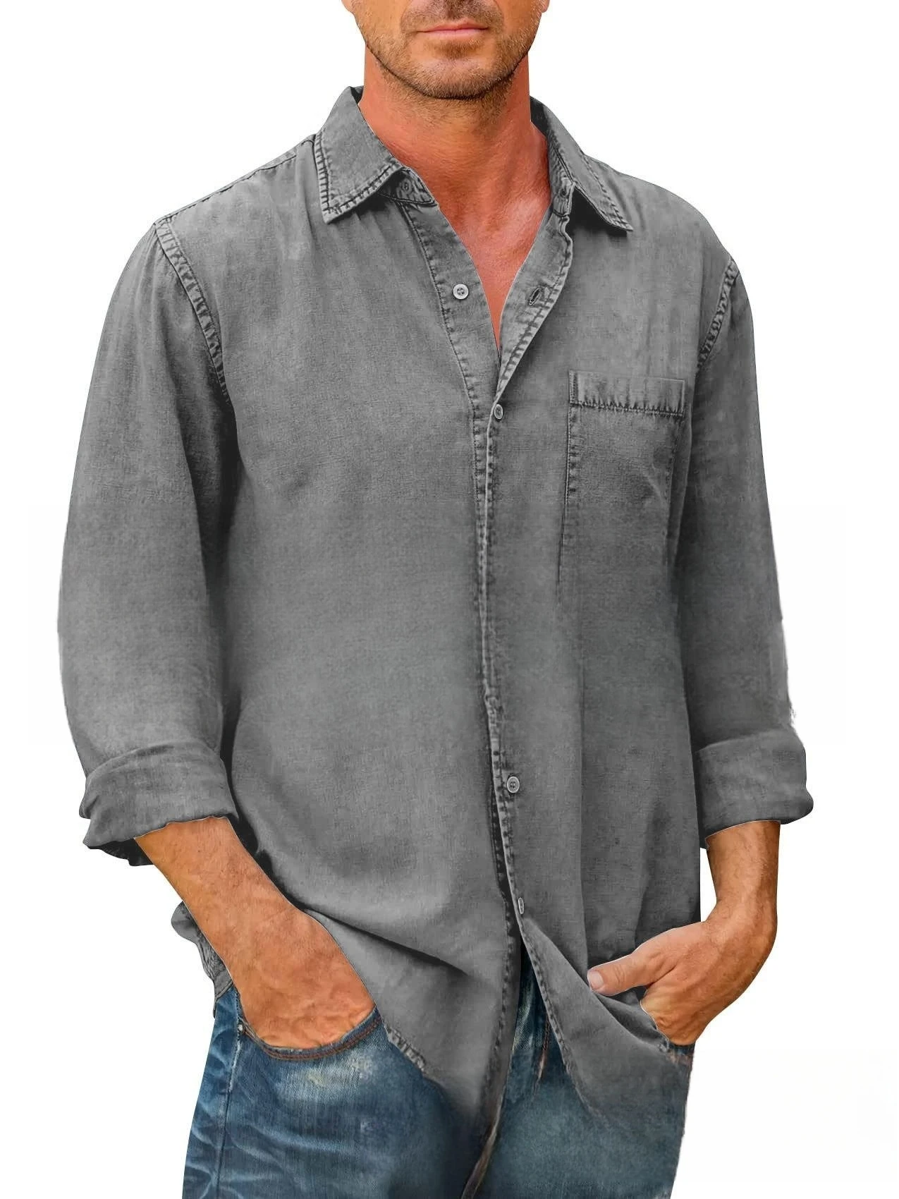 Men Cotton Denim Long Sleeve Casual Solid Color Shirt Spring Autumn Fashion Vintage Jeans Shirt Tops S-5XL