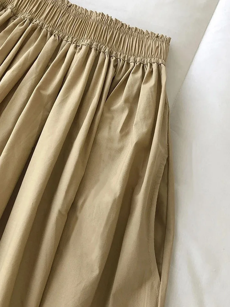 2025 New Casual Elegant High Waist A Line Skirts Women Solid Color Long Skirt Fashion Pockets Pleated Knee Length Skirts Autumn 5