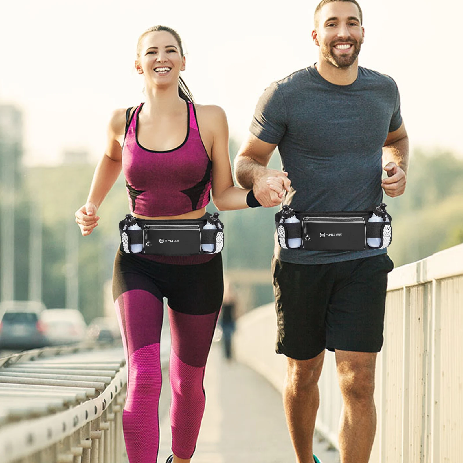 Running Belt with Bottles Waist Bag with Adjustable Strap Cycling Bag for Running Hiking Walking Cycling