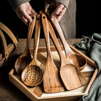 Set di utensili da cucina in legno da 5 pezzi, cucchiai in legno Set di rottami naturali per padella antiaderente, mestolo da cucina e spatole per wok 1