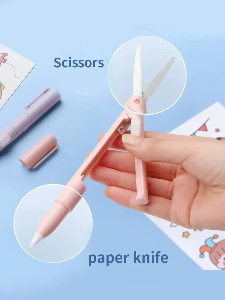 1pc 미니 휴대용 가위 종이 커터 나이프 2 in 1 다기능 포켓 펜 모양 스크랩북 조각 절단 미술 도구