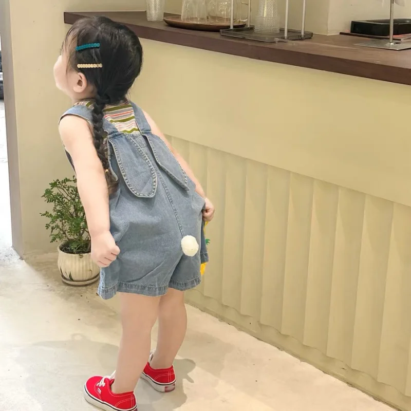Kids Outfits 1-7T Cute Baby Denim Jumpsuit Boy Girl Sleeveless Bunny Tail Suspender Pant Pocket Romper Outfits Adjustable Jeans Kids Overalls