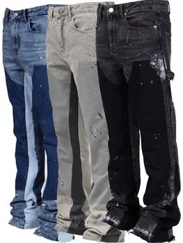 2025 Men's Fashion Jeans Work Pants, European and American Fashion Workwear Elastic Patchwork Denim Layered Flared Pants S-XXL 1