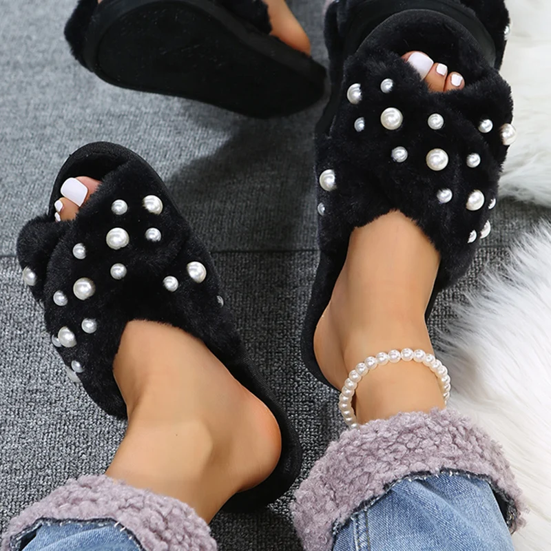 Fashion Pearls Decor Fluffy Fur Slippers Women Autumn Winter Indoor Non-Slip Home Slippers Woman Lightweight Soft Plush Slides