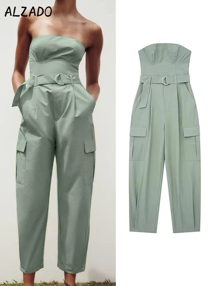 

Women's Jumpsuit Summer Loose Sleeveless Off Shoulder High Waist Female Jumpsuits 2023 Fashion Pocket With Belt Lady Romper
