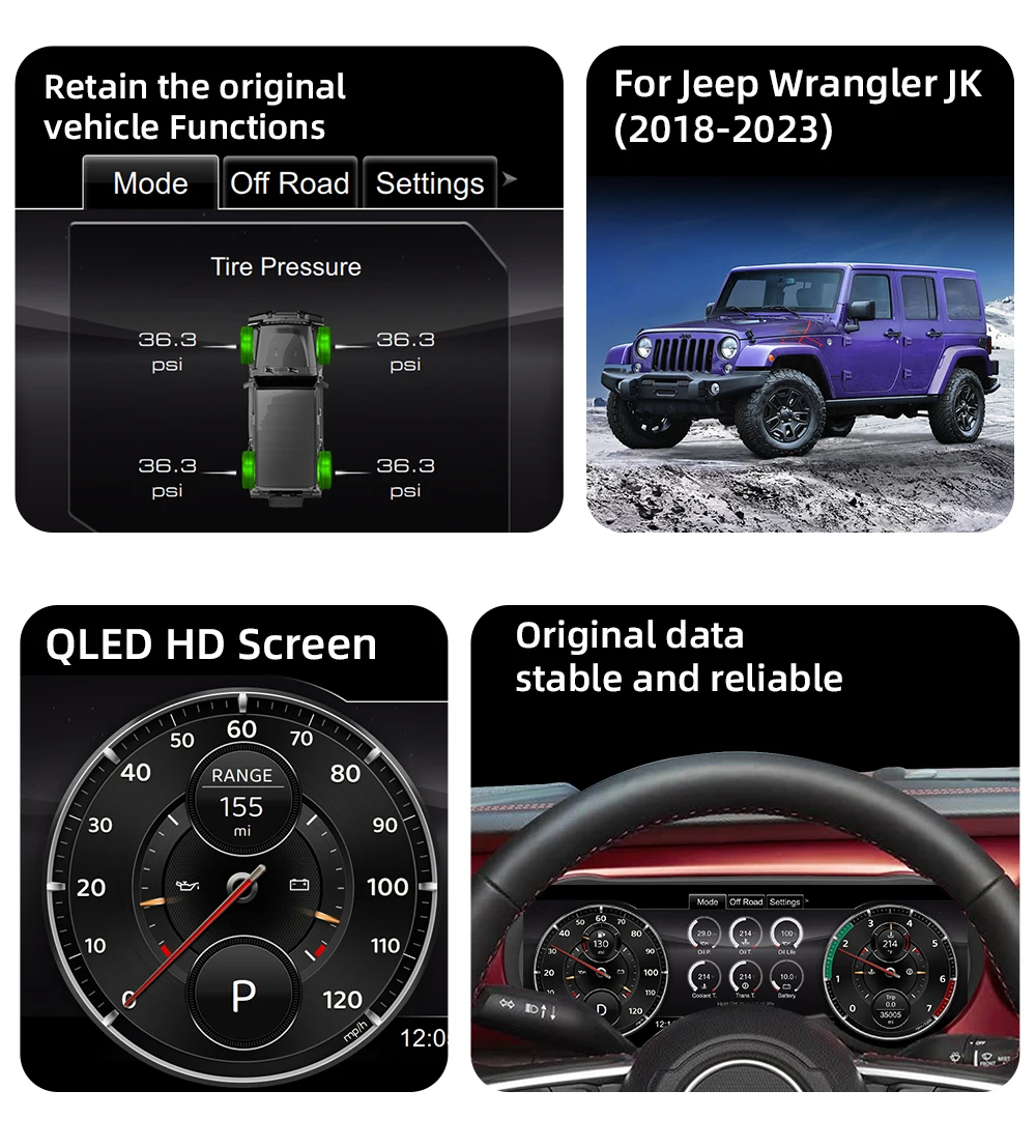 12.3”Digital Dashboard Upgrade Kit for Wrangler JL 2018-2023 Speedometer LCD das