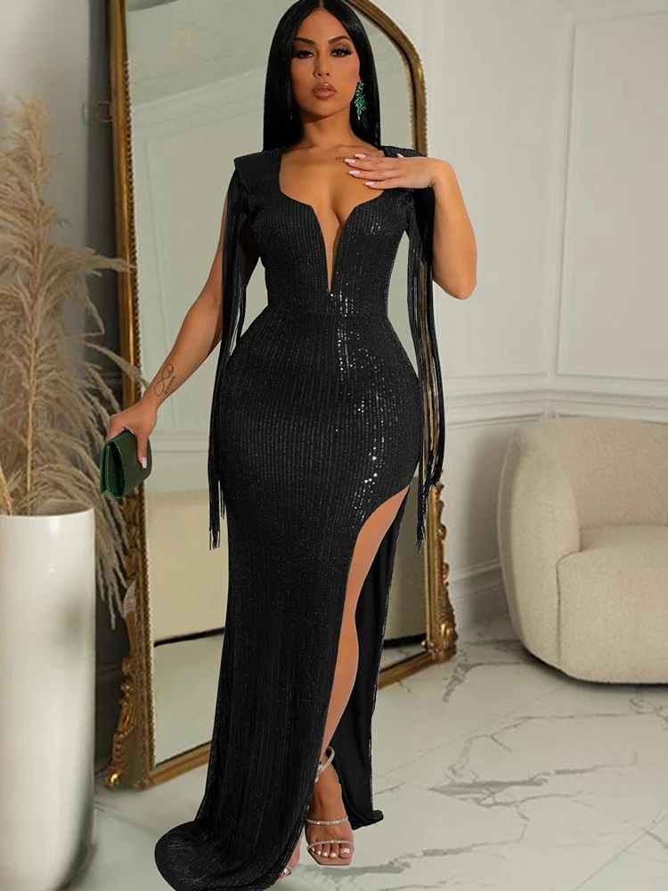 

Luxury Open Back High Slit Sequins Maxi Dress Gowns Women Beautiful Fringed Sleeves Sequins Party Dress Sexy Clubwear
