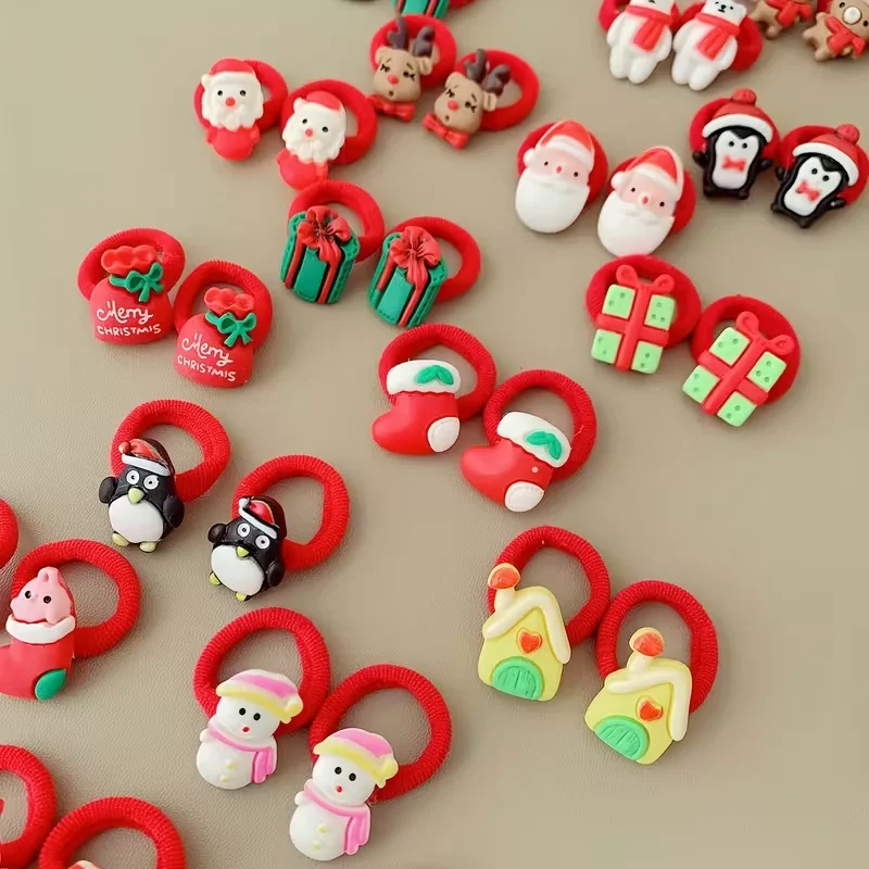 10PCS Kids Girls Christmas Hair Ties Cute Santa Claus Reindeer Design Festive Hair Accessories Holiday Parties Decorations