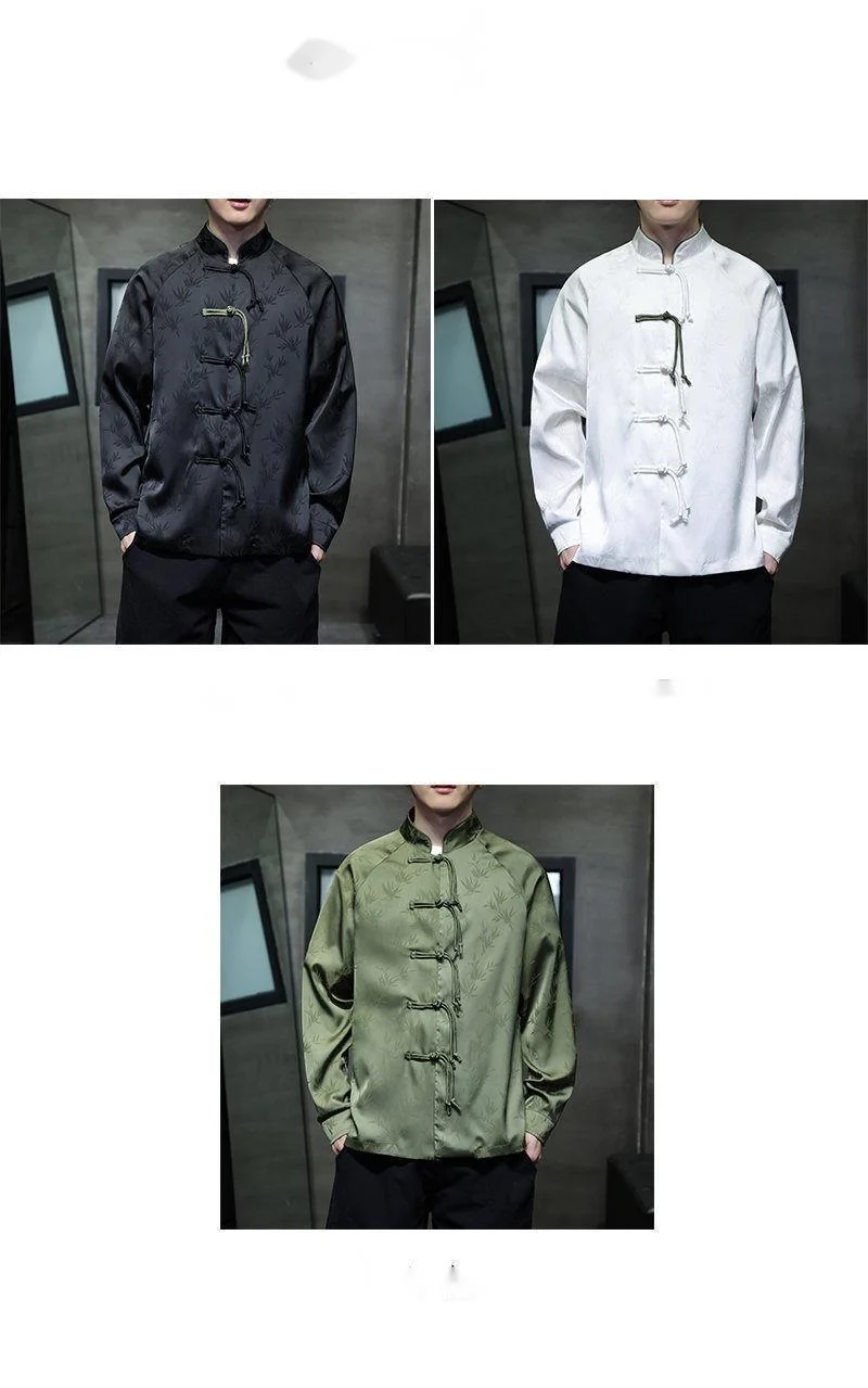 Black Hole Scenery Spring/Summer New Product Chinese Style Bamboo Leaf Silk Jacquard Long sleeved Shirt Button Standing_vogarts.com