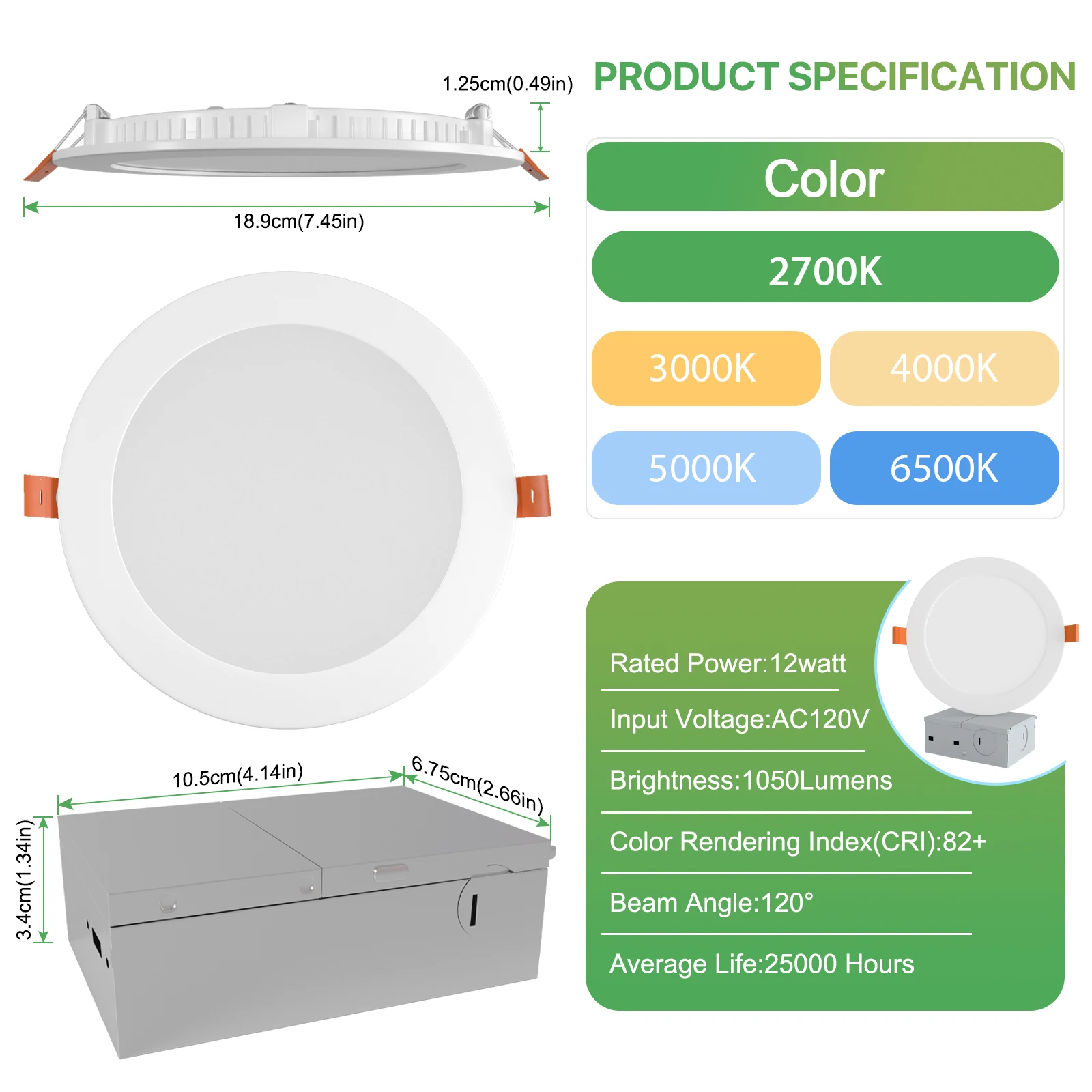 12pcs 6 Inch 5CCT AC120V Ultra Thin LED Recessed Ceiling Light with Junction Box Dimmable Canless Light Selectable 12W 1050LM