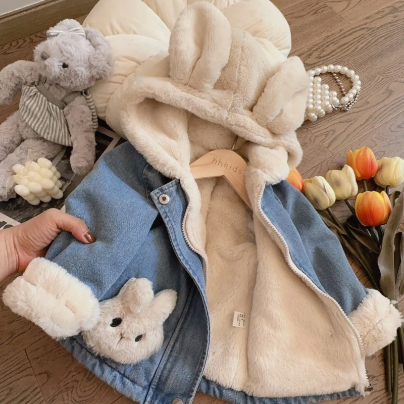 

Girl. Children's Fleece-lined Thickening Denim Jacket Autumn and Winter Western Style. Children's Baby Girls' Winter Rabbit Ears