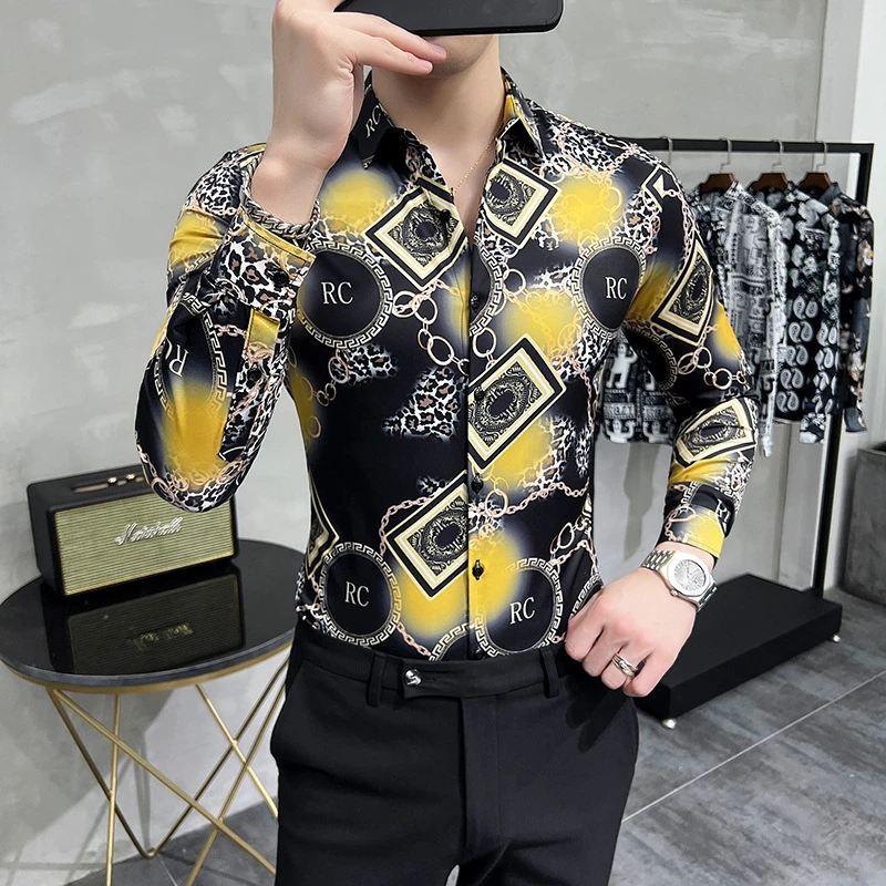 

Spring New Korean Streetwear Designer Clothes Trendyol Men Long Sleeve Shirts Mens Vintage Printed Shirt Camisa Social Masculina