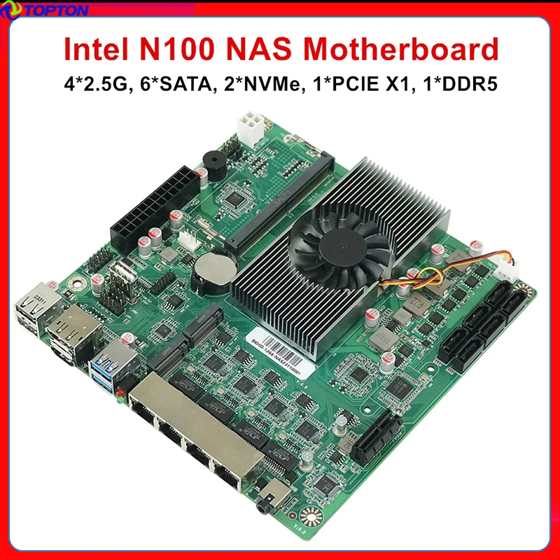 6-Bay NAS Motherboard Intel N100 - 6x SATA, 2x M.2, 4x 2.5G LAN