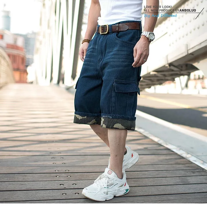 Mcikkny Vintage Men's Cargo Summer Denim Shorts Multi Pockets Blue Straight  Short Jeans For Male Plus Size 30-46