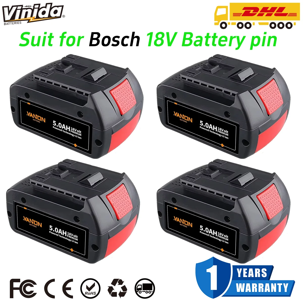 VINIDA BAT610G 1/2/4pcs 5.0Ah 18V Lithium Battery Replace for Bosch BAT609 BAT618 BAT620-2PK SKC181-202L Cordle tool Battery pin