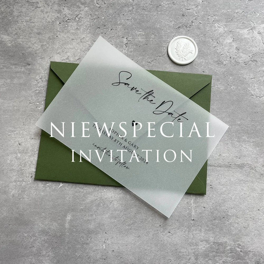 'Save the Date' Vellum Paper Card Custom Name Cards with Green Envelope and Seals