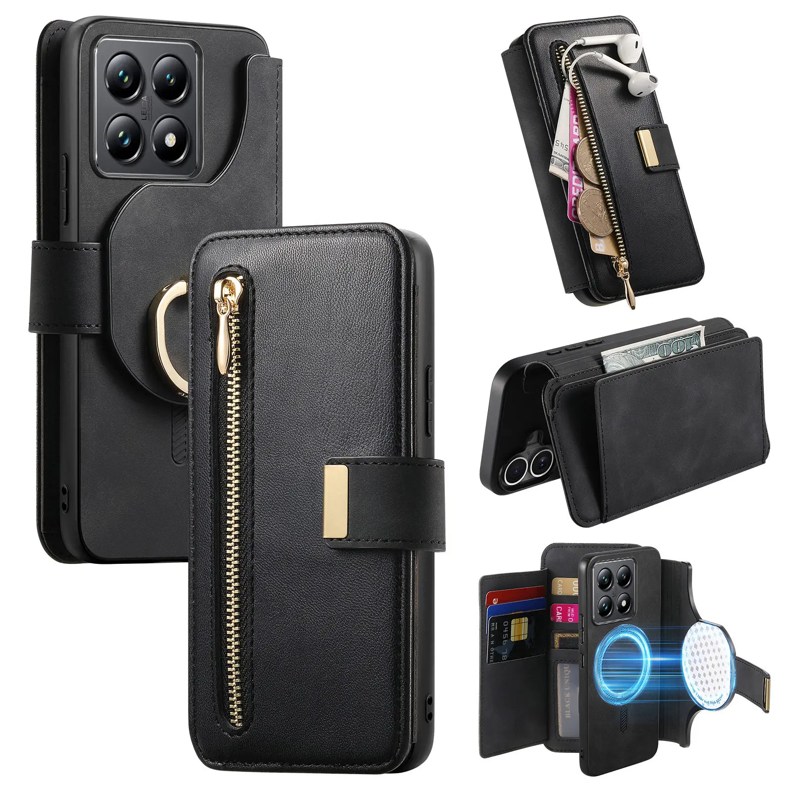 2-in-1 Detachable Zipper Wallet Leather Case with Magnetic Removable Cover