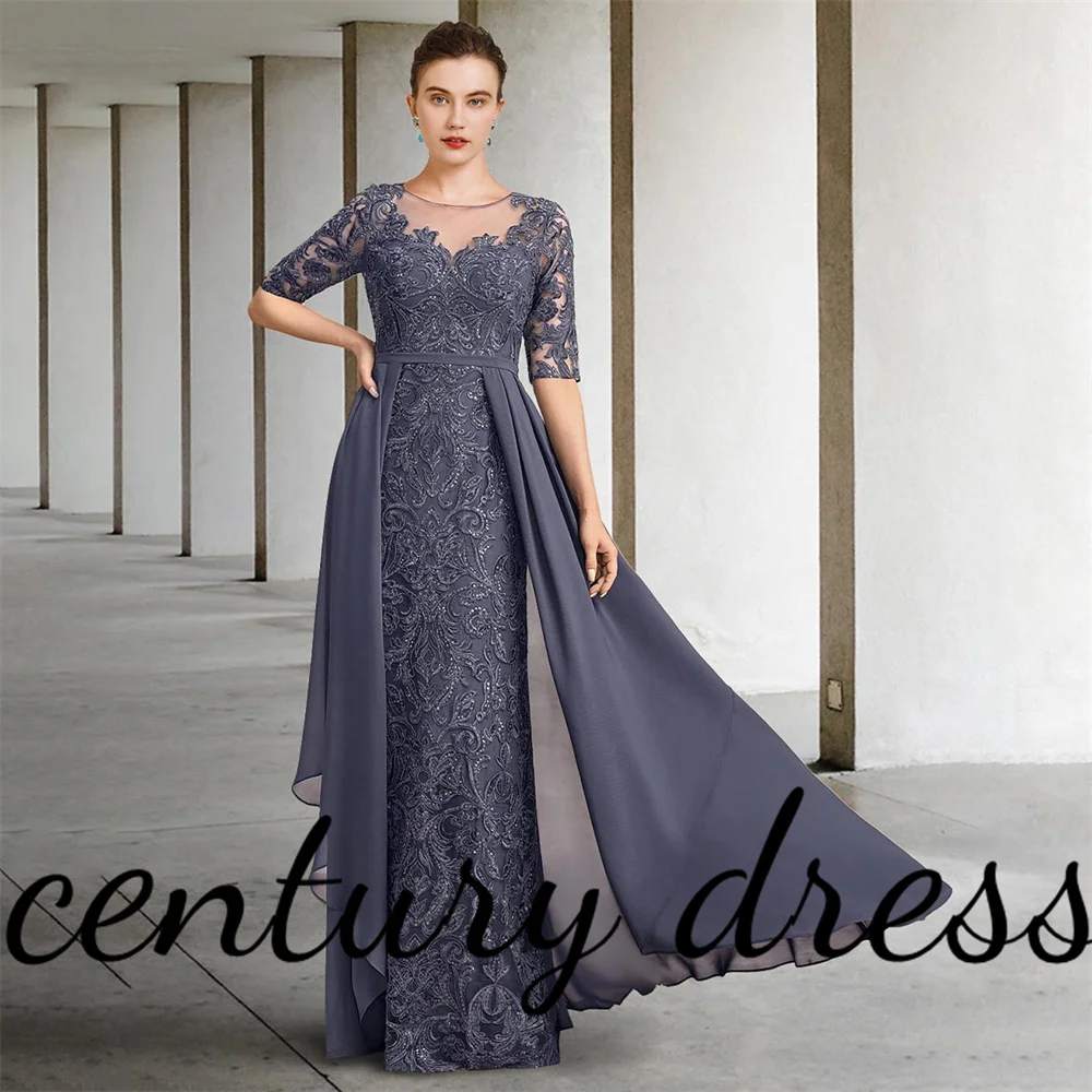 

A-Line Mother of the Bride Dress Neck Floor Length Chiffon Formal Wedding Guest Elegant Scoop Lace Half Sleeve with Sequin
