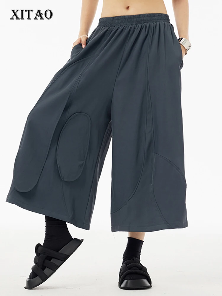 

XITAO Fashion Patchwork Solid Color Wide Leg Pants Elastic Waist Loose Casual Simplicity Women Ankle Length Pants WLD20182