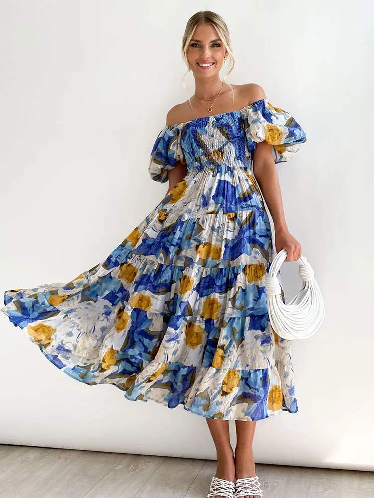 

Summer Woman Boho Dress Fashion Sexy Slash Neck Print Maxi Dresses Casual Loose Elegant Beach Party Dress for Women Robe Femme
