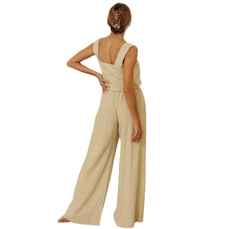 Cotton Linen Two Piece Top Pant Sets Causal Women's Soild Sleeveless Tops Linen Suit With Pockets Summer Hoilday Festival Outfit