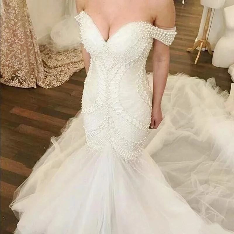 

ANGELSBRIDEP Robe De Mariee Свадебные платья с открытыми плечами Русалка сексуальные модные с бисером жемчужинами со шлейфом Длинные свадебные платья