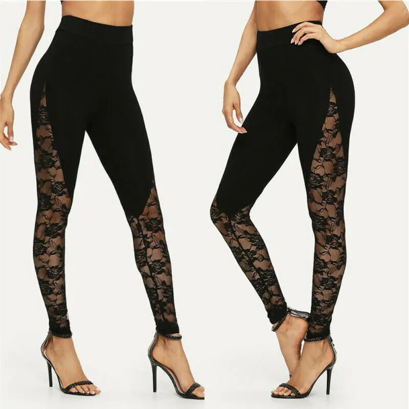 Home 3 Calças Femininas Florais de Cintura Alta com Renda Leggings Recortadas no Painel Lateral Calças Pretas com Patchwork Roupas Femininas Tamanho Grande 2023