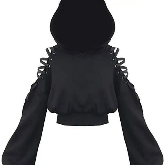 Women Long Sleeve Hoodies Kawaii Cat Ears Hoodie Gothic Punk Harajuku Cold Shouler Bandage Gothic Black Sweatshirts