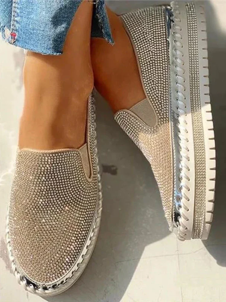 Ladies Flat Sequined Sneakers Casual Women's Mesh Lace-up Fine Diamond Sequins Thick-soled Comfortable  Vulcanized Shoes 5