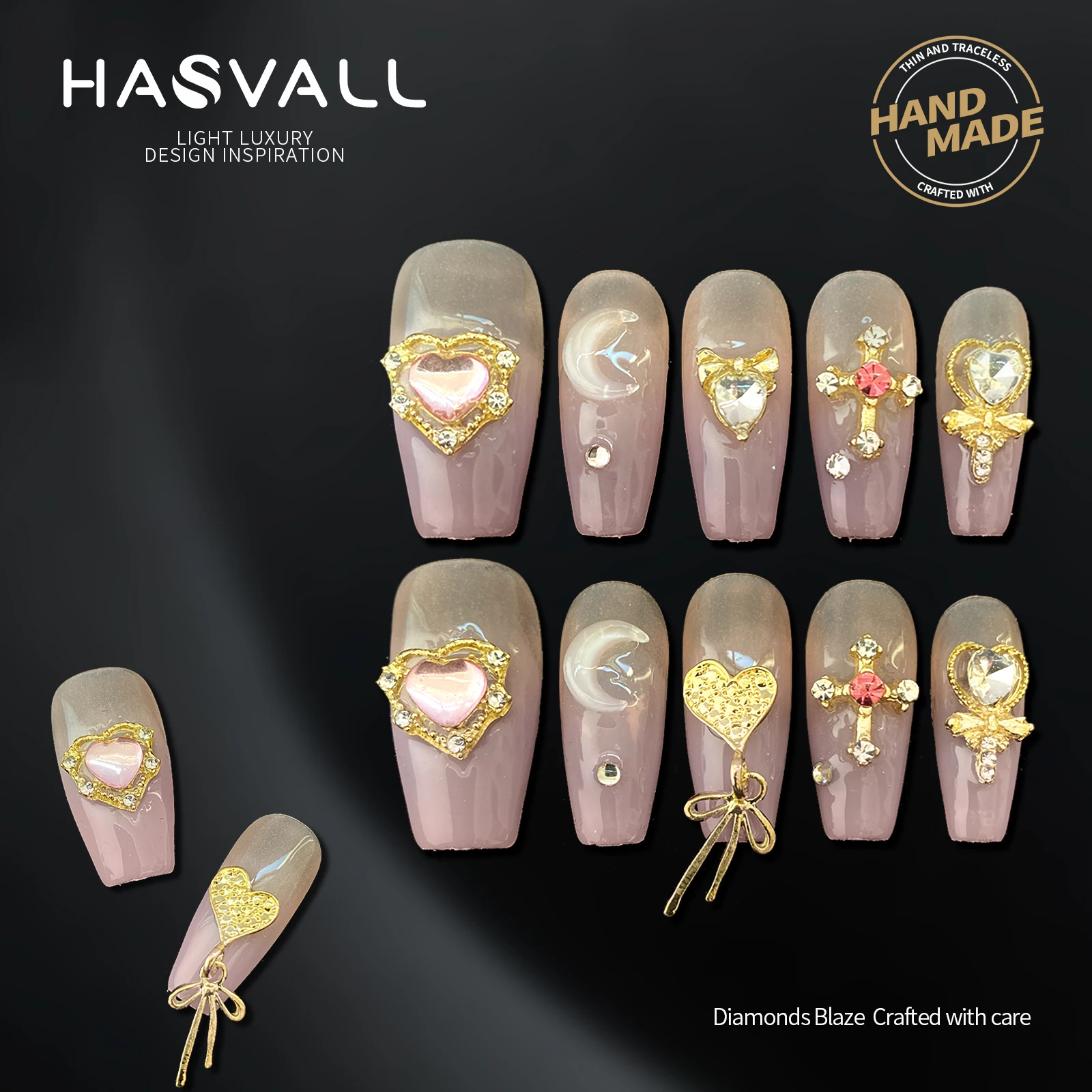 

HASVALL Purple Gradient Handmade Press on Nails Medium Coffin Luxury Rhinestones Magical Girl Golden Full Cover False Nails