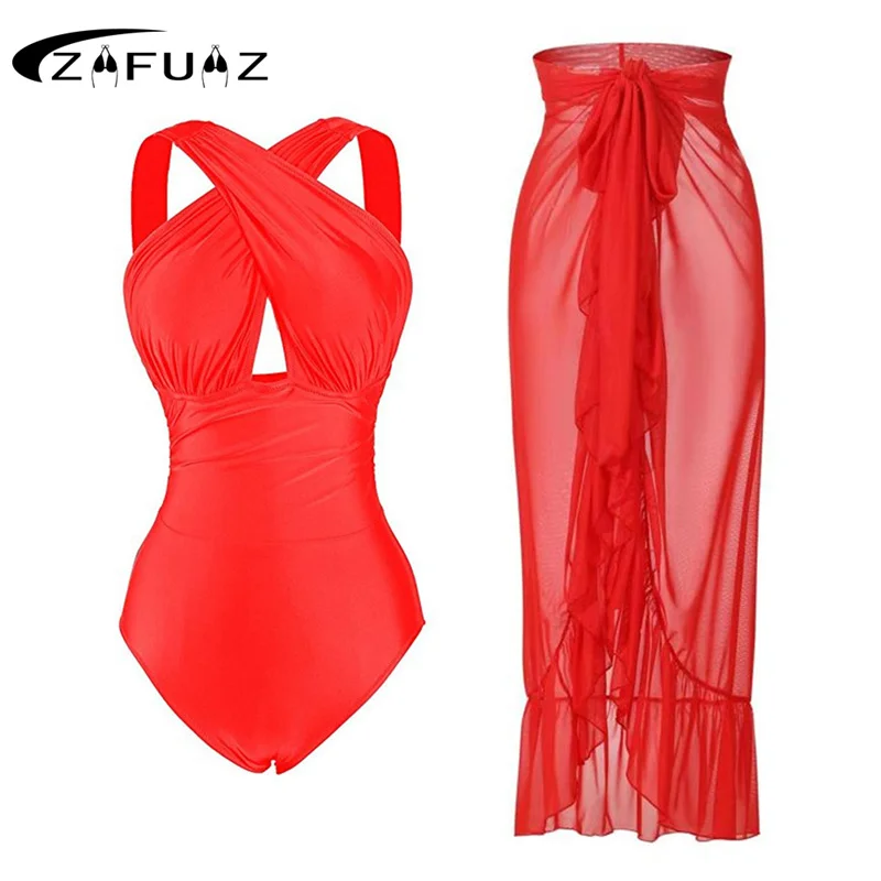 

ZAFUAZ 2023 New Sexy Red One Piece Swimsuit Skirt Bikini Ruched Tummy Control Swimwear Monokini Summer Bathing Suit Beach Dress