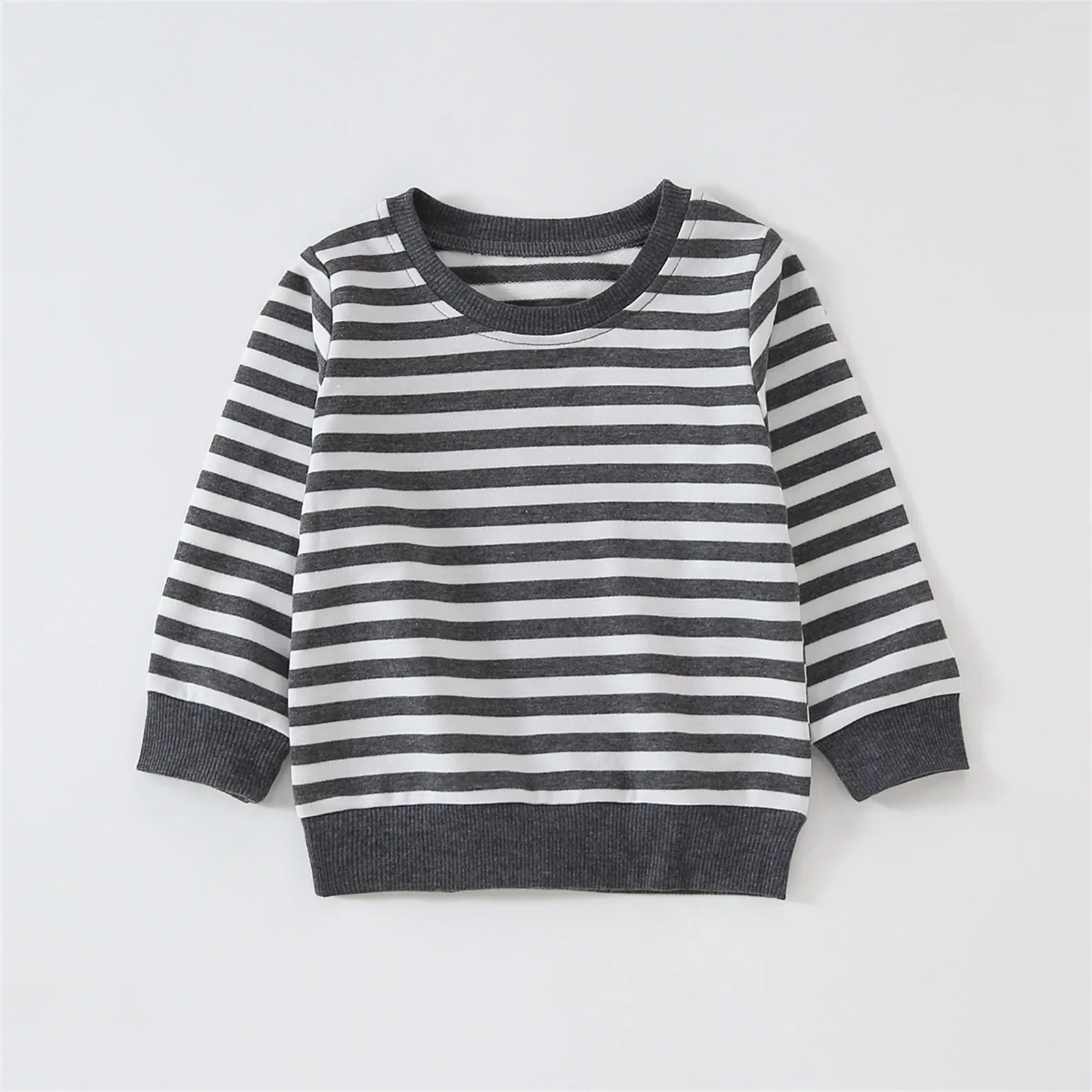 Baby Boy/Girl Solid/Striped Crewneck Long-sleeve Pullover Sweatshirt Soft and Comfortable for Outings