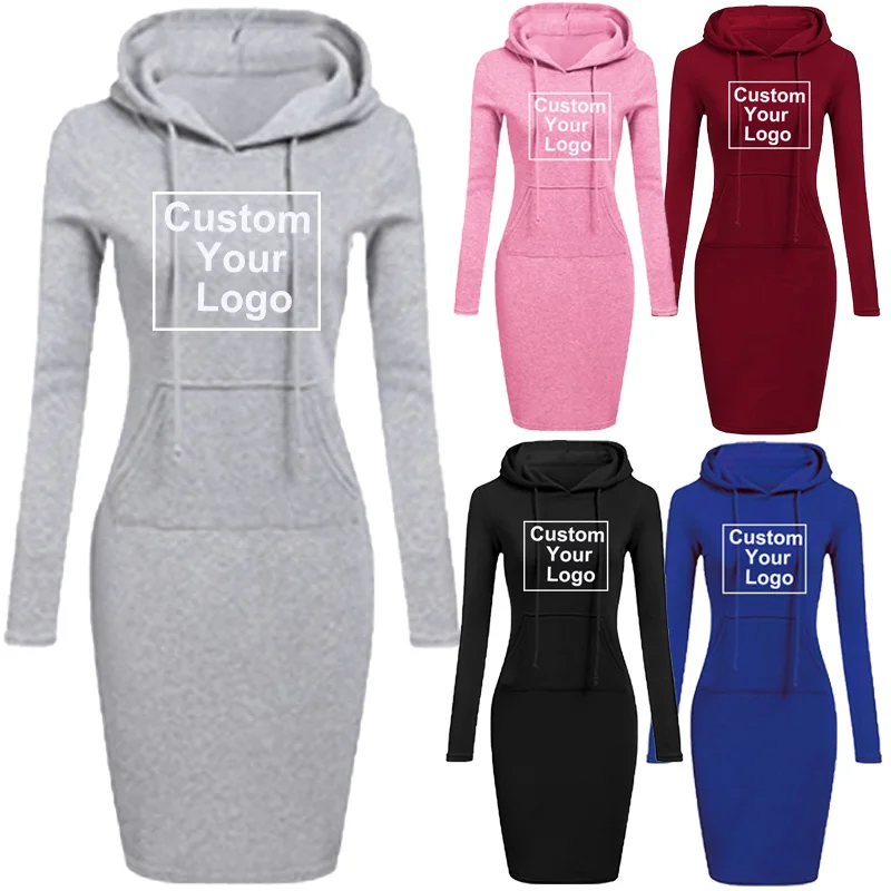 Customized logo New Autumn Solid Color Women Long Sleeve Pocket Hooded Sweatshirt Hoodies Dress Long Sleeve Dress Top
