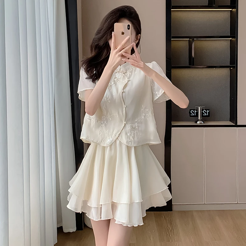 새로운 중국 스타일 개선 자카드 자수 꽃 탑 쉬폰 더블 레이어 스커트 투피스 양복 여름 연령 감소