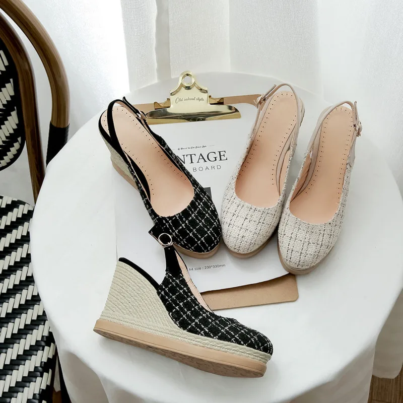 

New Arrival Wholesale Popular Womens Wedges Heels Sandals Buckle Ankle Strap Slingback Large Size 34-52 Evening Fashion Shoes