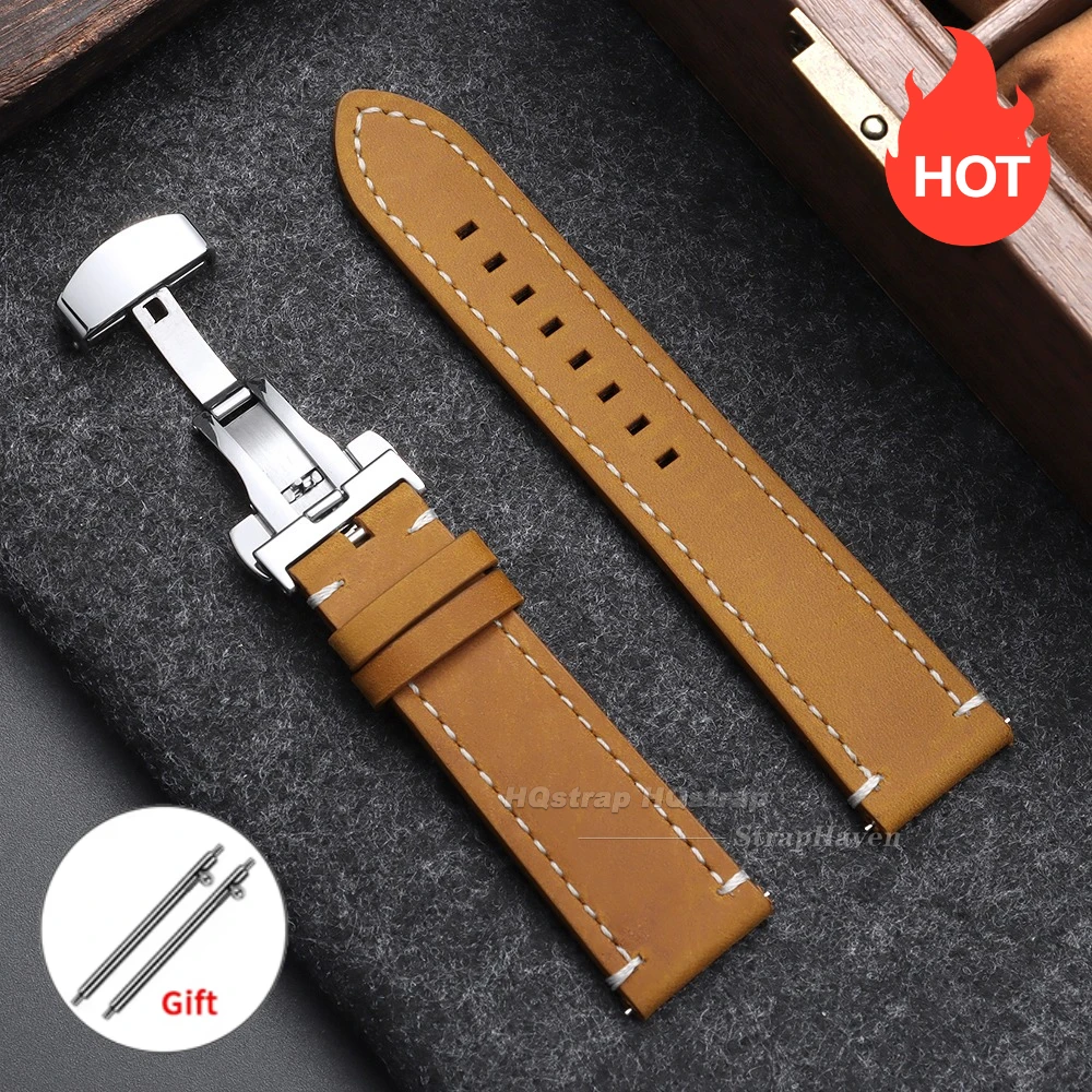 Vintage Leather Watch Strap with Butterfly Buckle - Premium Business Wristband Accessory