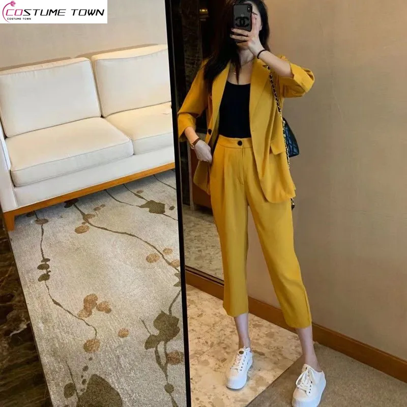 Temperament Suit 2023 Spring Summer New Thin Blazer High Waist Seven Part Straight Trousers Women's Two-piece Set five part shorts women s casual straight wide leg panties 2022 summer thin high waist loose women s trousers culottes