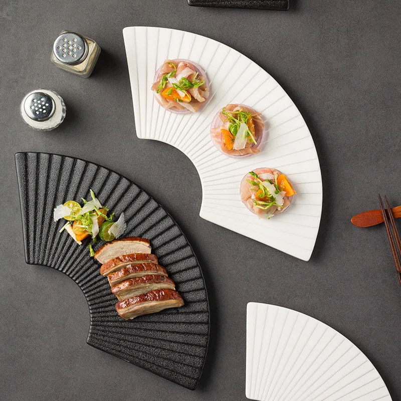 

Fan-shaped Striped Shaped Plate Japanese Sushi Ceramic Dessert Plates Home Creative Platter Commercial Hotel Table Setting