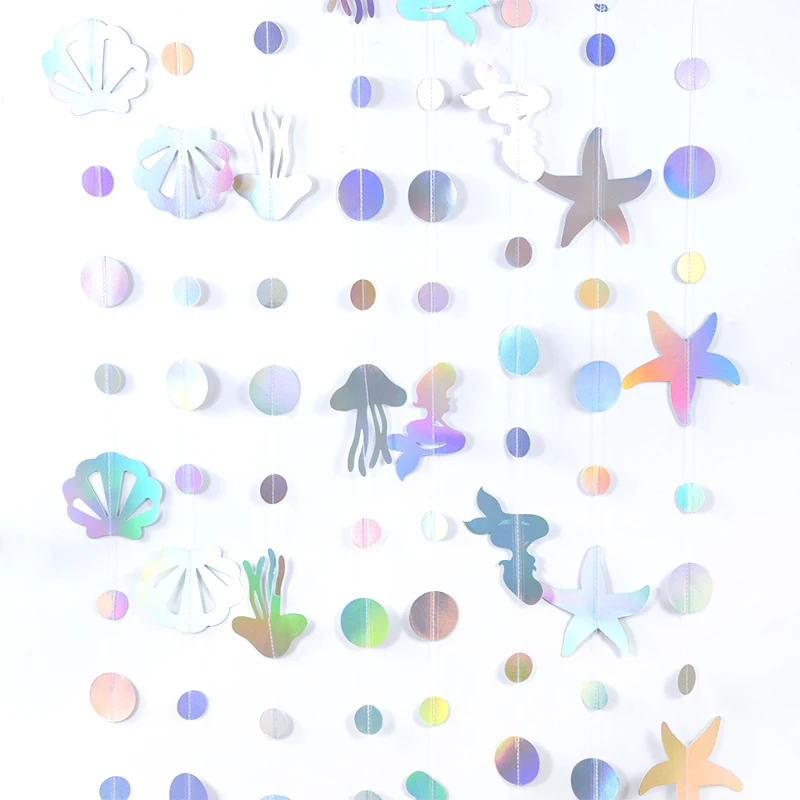 Ocean Theme Laser Banner Mermaid Shell Jellyfish Garland Bunting for Ocean Theme Baby Shower Birthday Party Home Hanging Decor 130 220cm mermaid shell disposable pe table cloth mermaid theme table cover girl under the sea happy birthday party decor