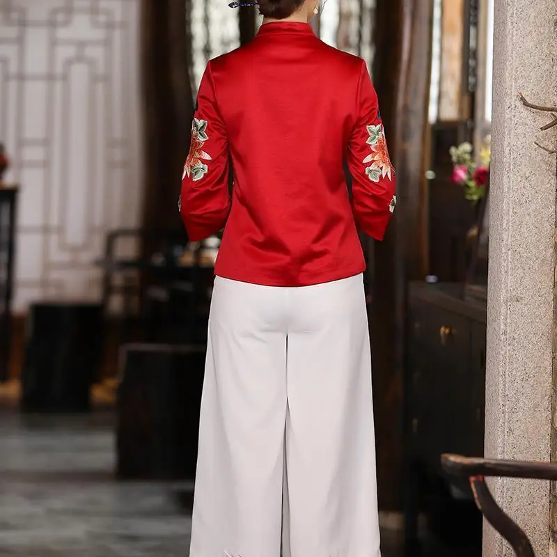 Peony Flower Embroidery Vintage Tang Suit Jacket Women Long Sleeve Single-breasted Loose Stand Collar Chinese Style Outerwear chinese dress